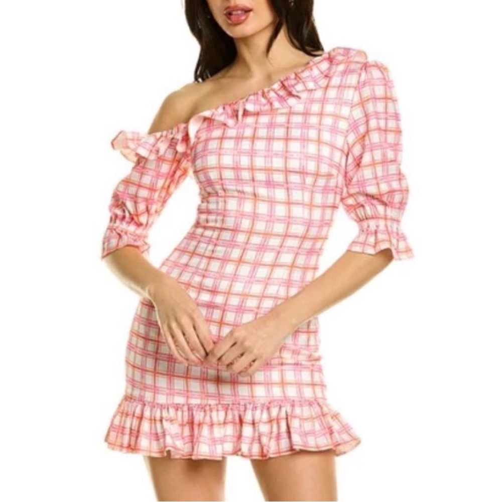 Revolve ATOIR Esmeray Dress | Pink Gingham One Shoulder Ruffle Mini Dress - Picture 2 of 5